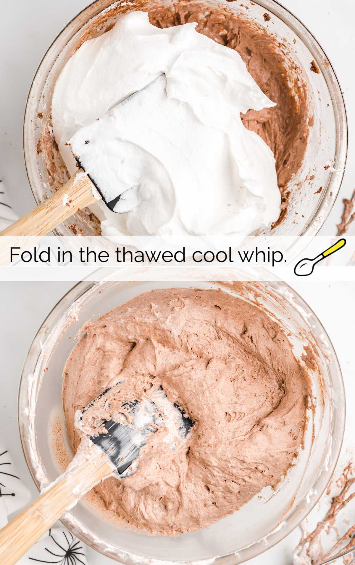 cool whip folded into the cream cheese mixture in a bowl