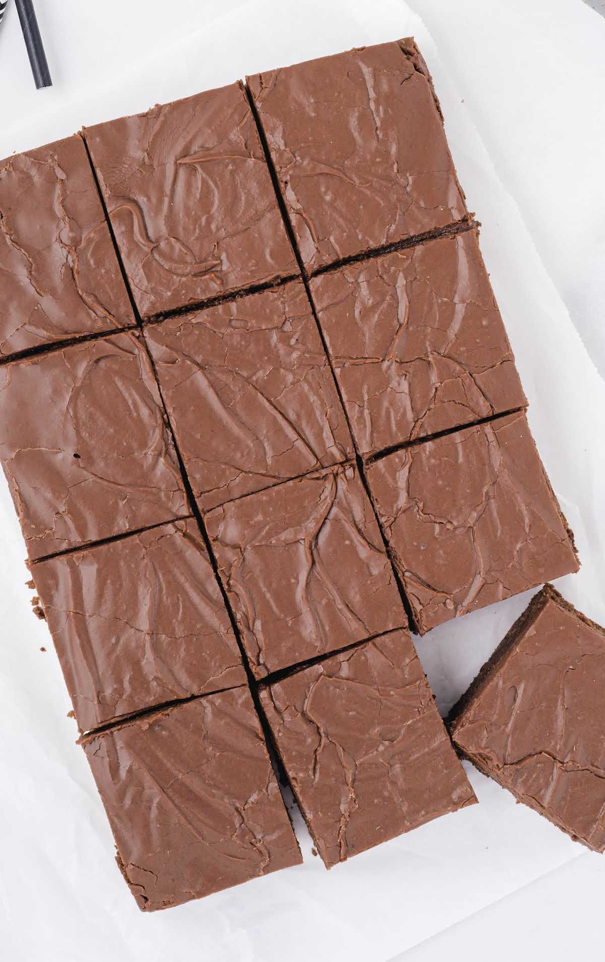 overhead shot of brownies after being cut into squares