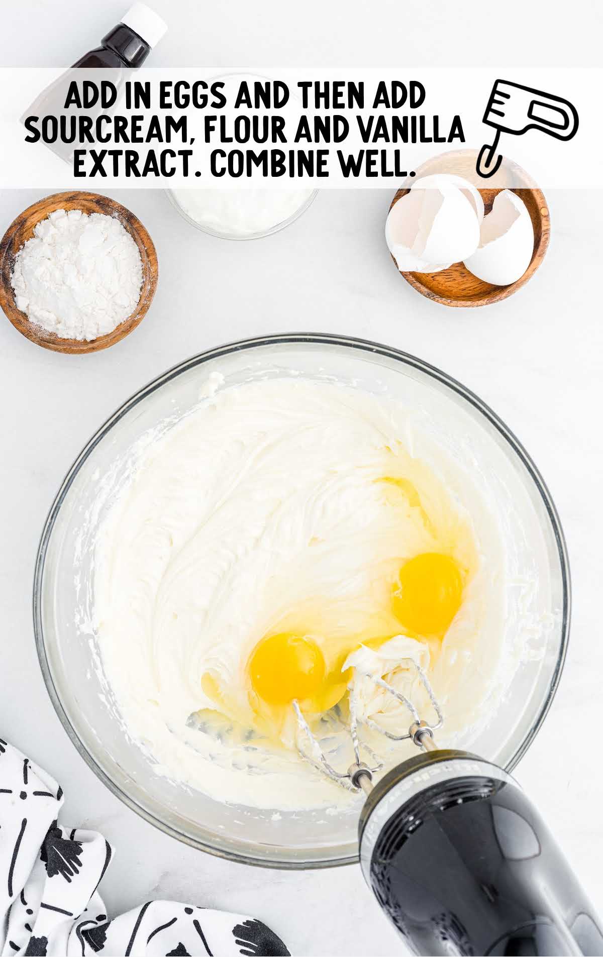 eggs blended into the bowl of ingredients