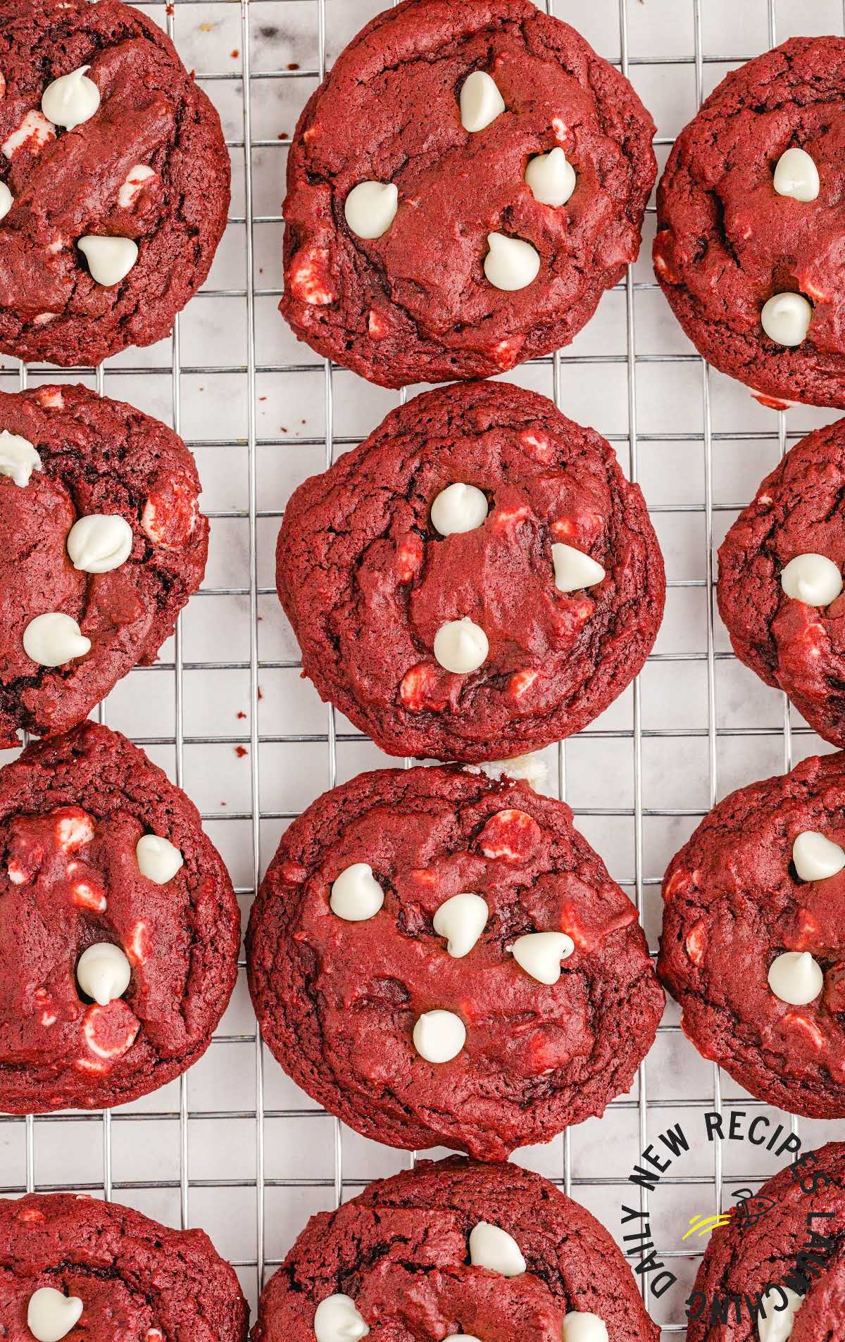close up overhead shot of a cooling rack of Red Velvet Cookies