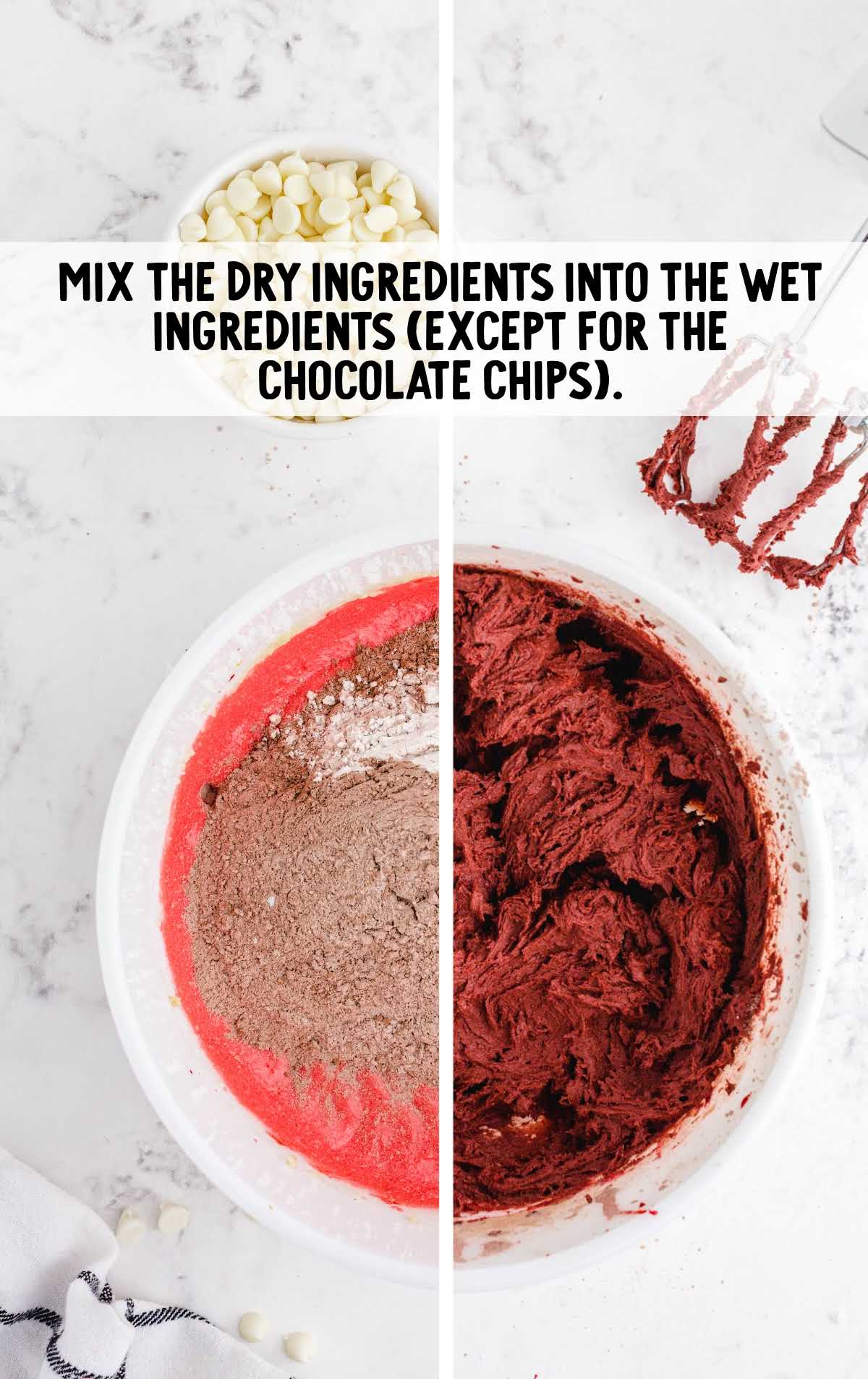 Red Velvet Cookies process shot of ingredients combined in a bowl