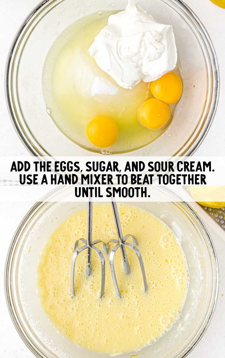 eggs, sugar, and sour cream blended together in a bowl