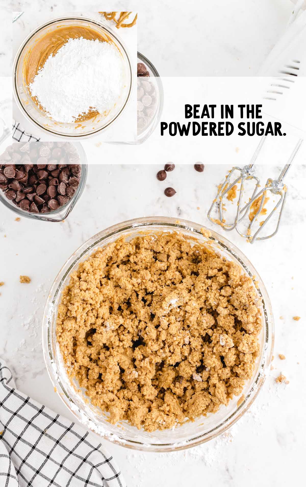 powder sugar added to the bowl of peanut butter mixture