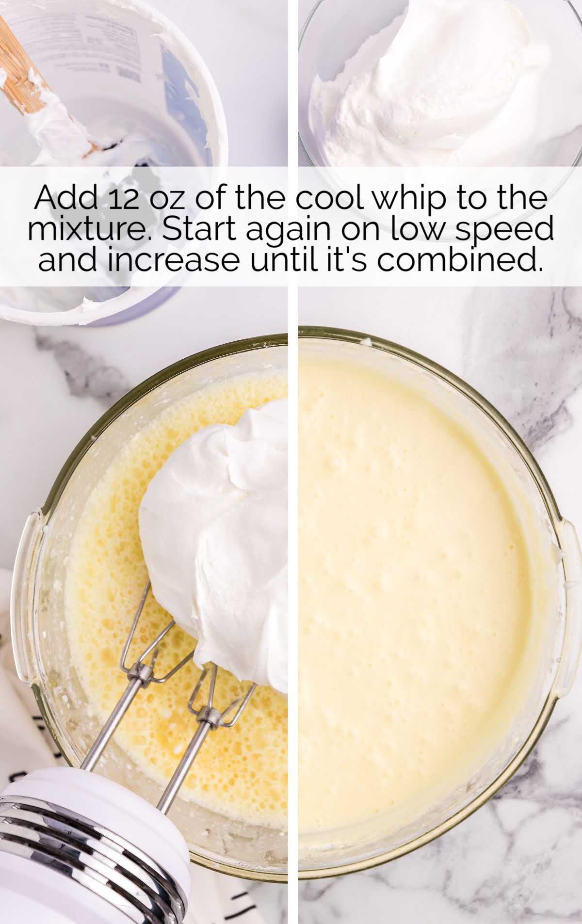 cool whip blended into the bowl of ingredients 