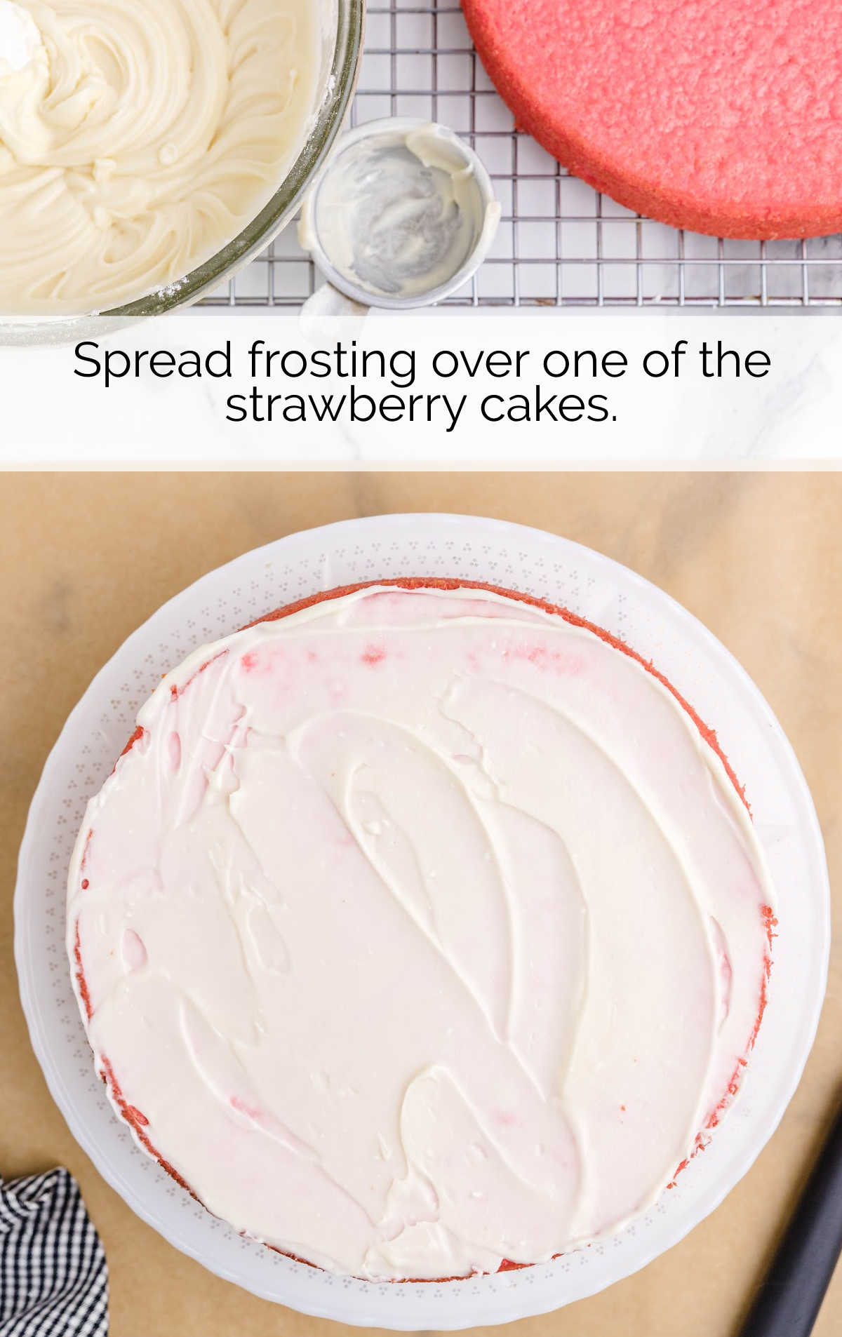 frosting spread over the strawberry cake