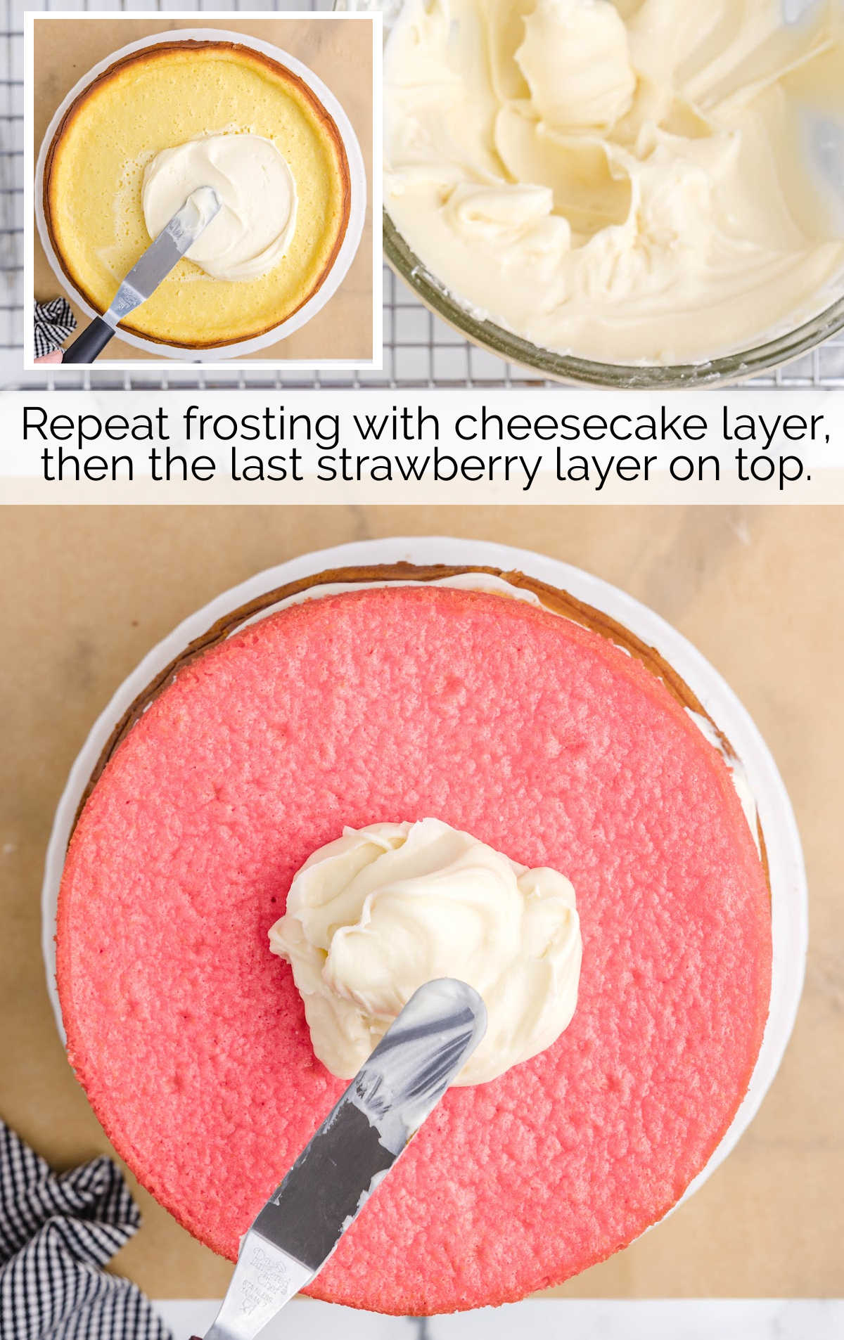 frosting spread over the cheese cake and strawberry cake
