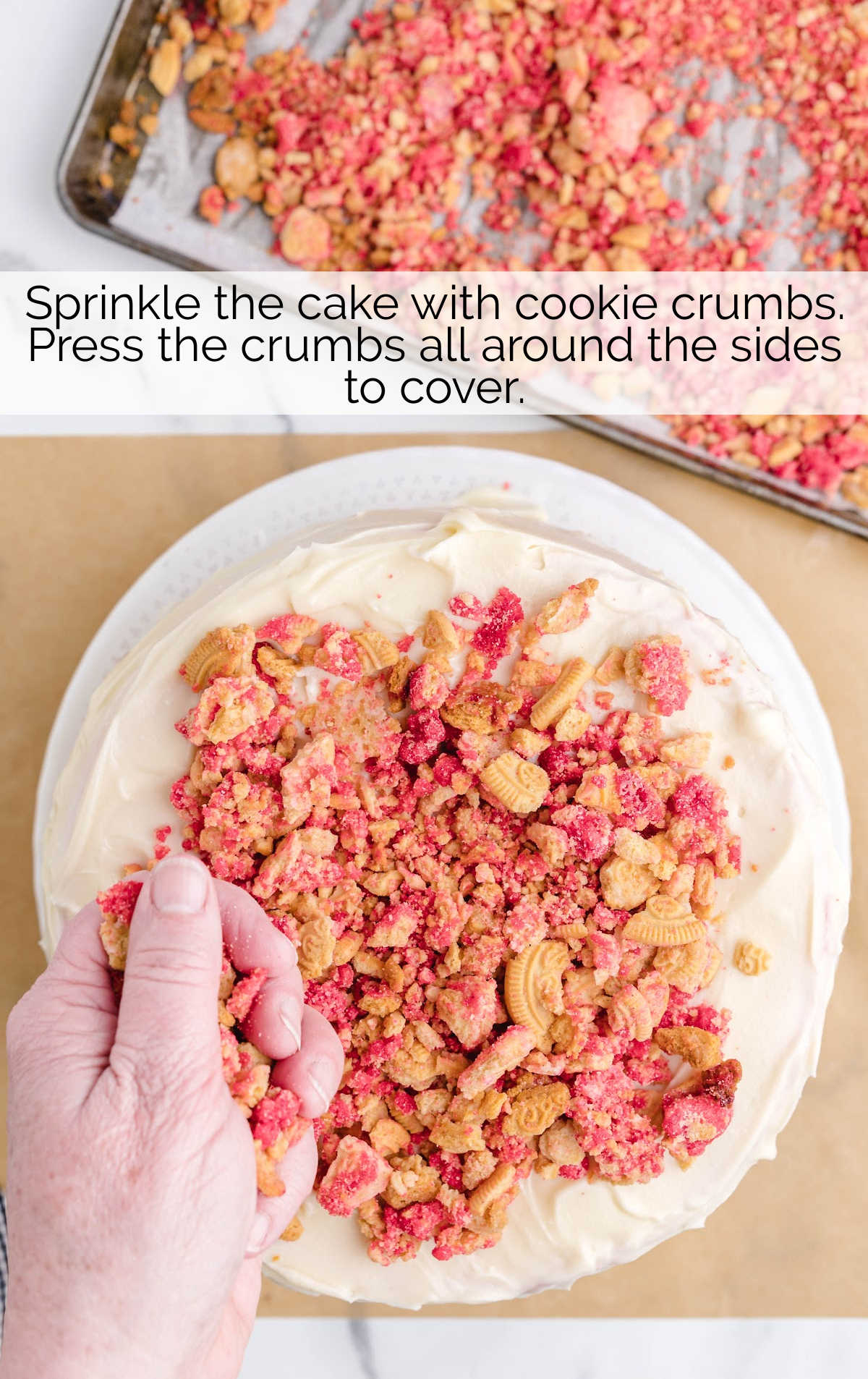 cookie crumbs sprinkled on top of the cake