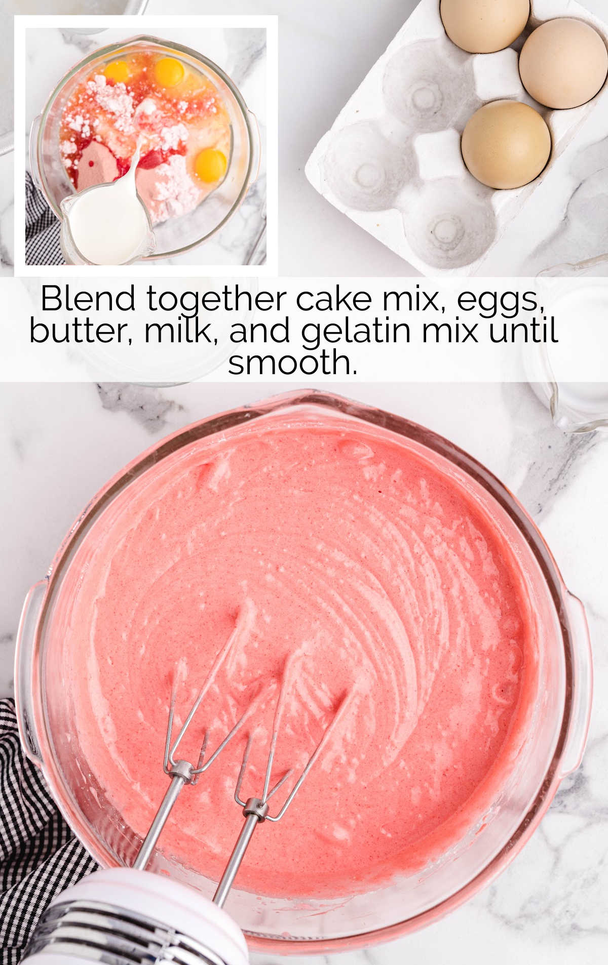 cake mix, eggs, butter, milk, and gelatin blended in a bowl