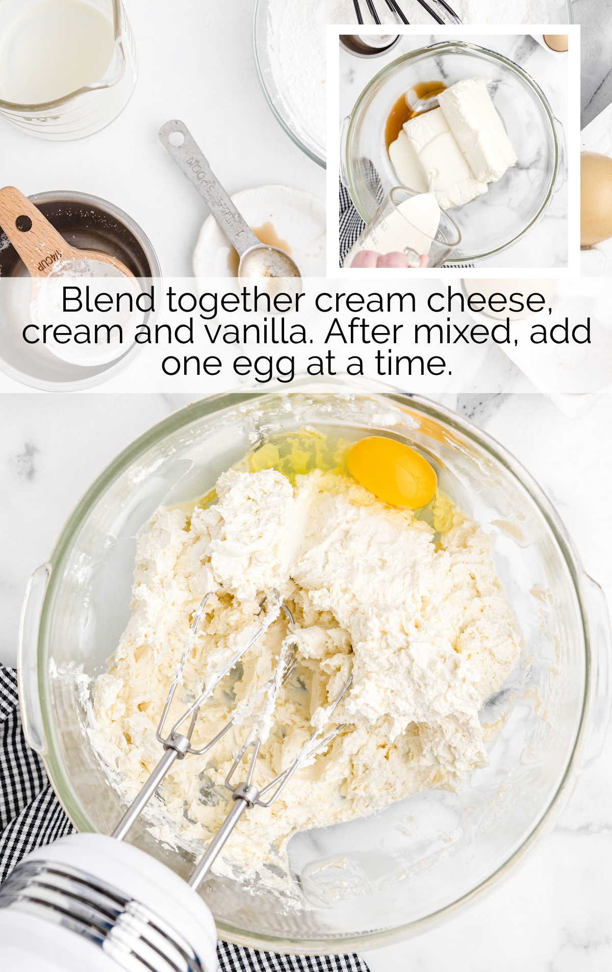 cream cheese, cream, vanilla, and eggs blended in a bowl