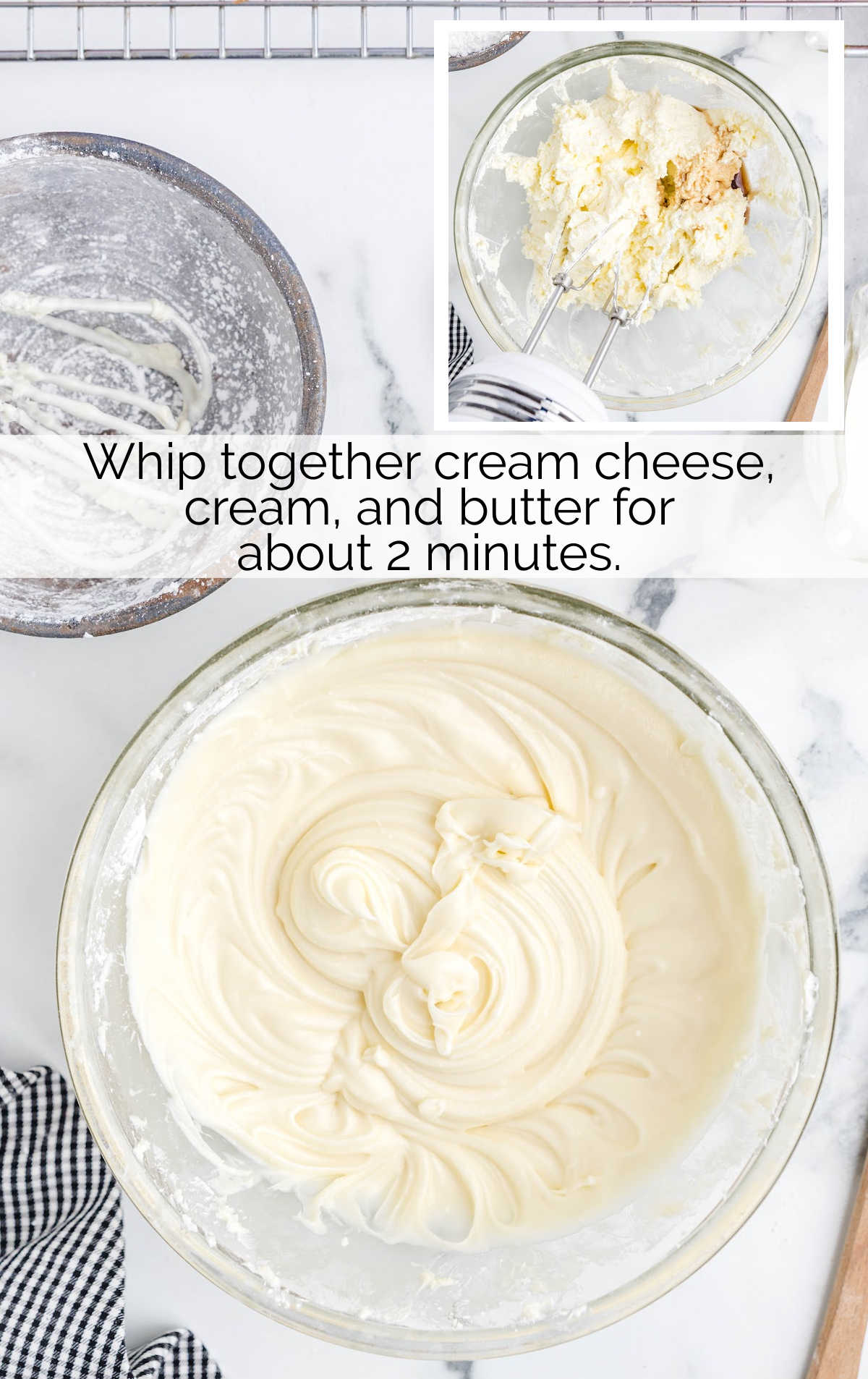 cream cheese, cream, and butter blended in a bowl