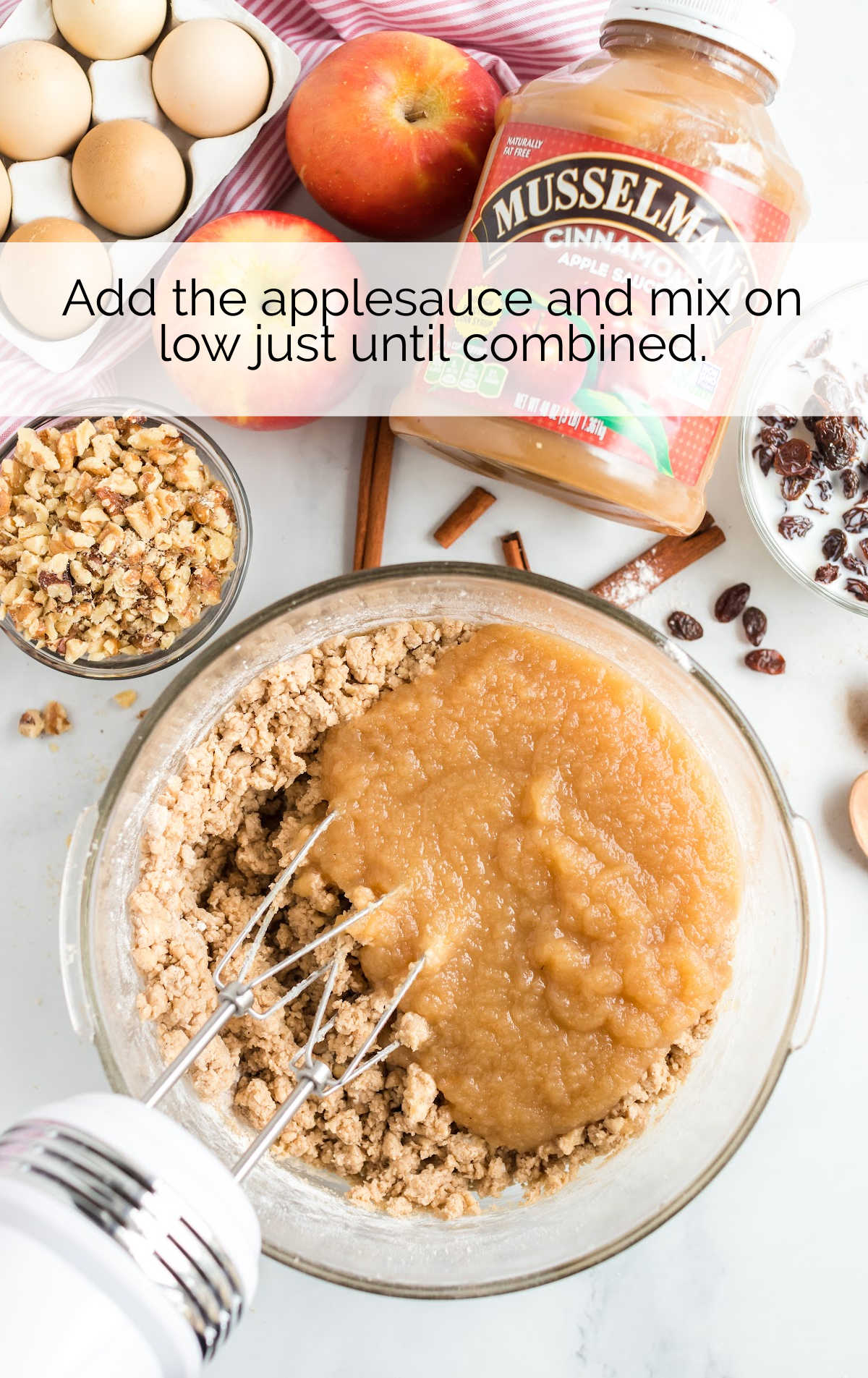 apple sauce whisked into the cake batter mixture