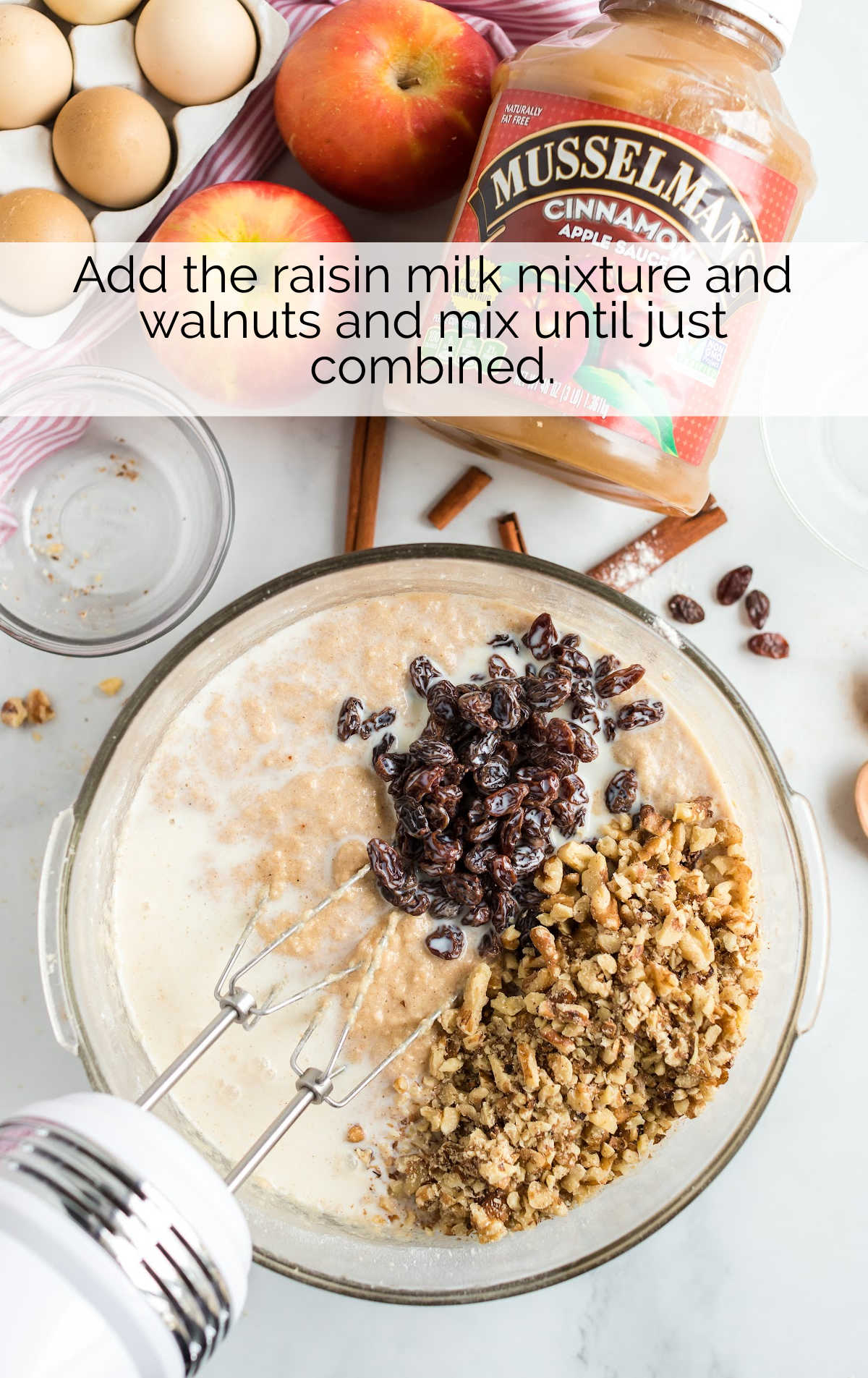 raisin milk mixture and walnuts blended into the cake batter mixture