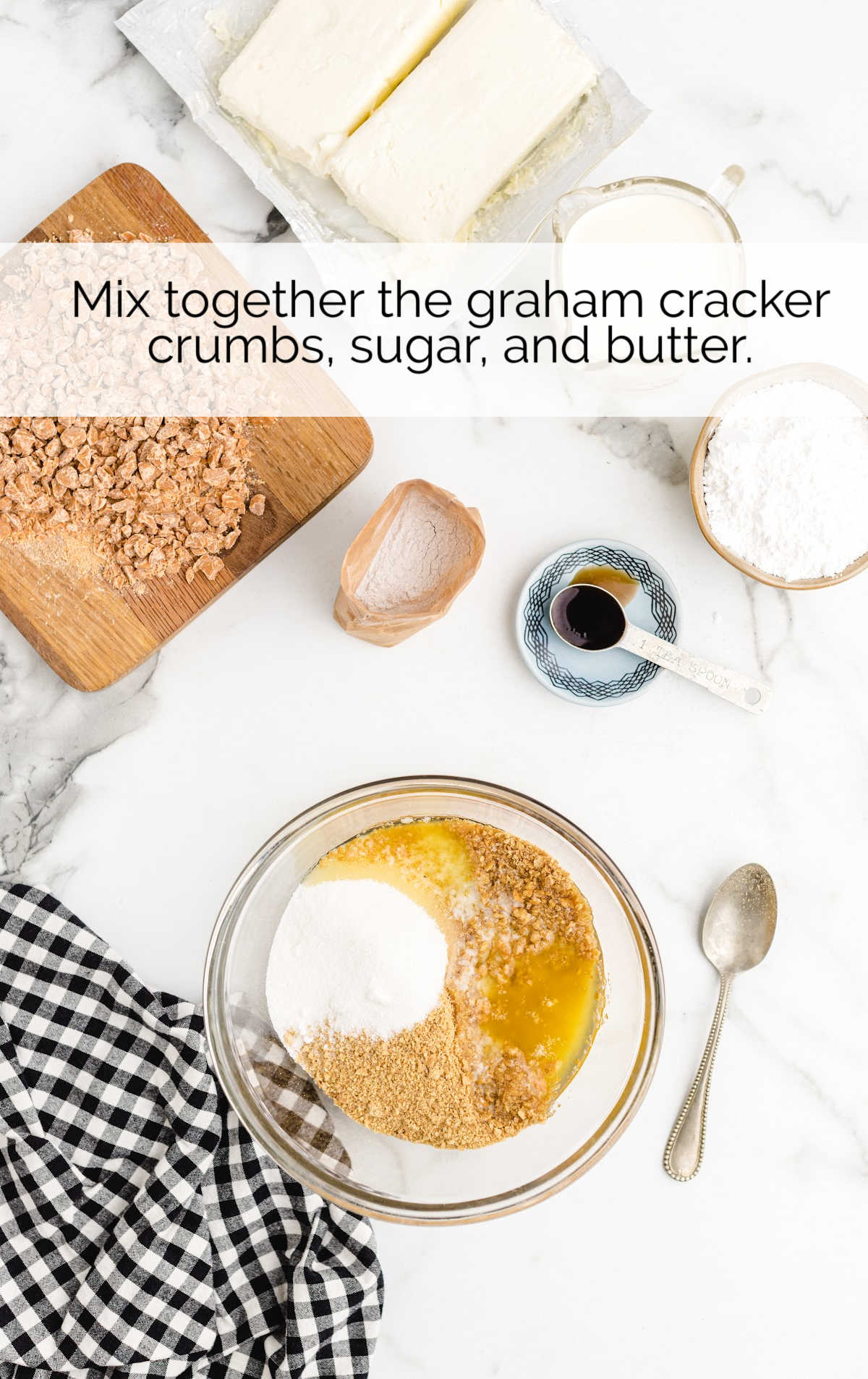 graham cracker crumbs, sugar, and butter in a bowl