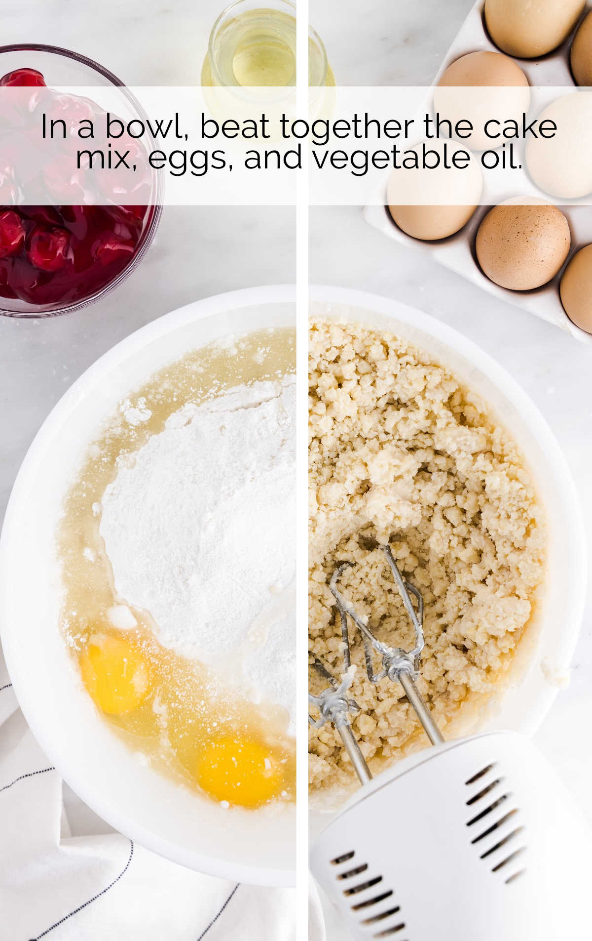 cake mix, eggs, and olive oil whisked together in a bowl