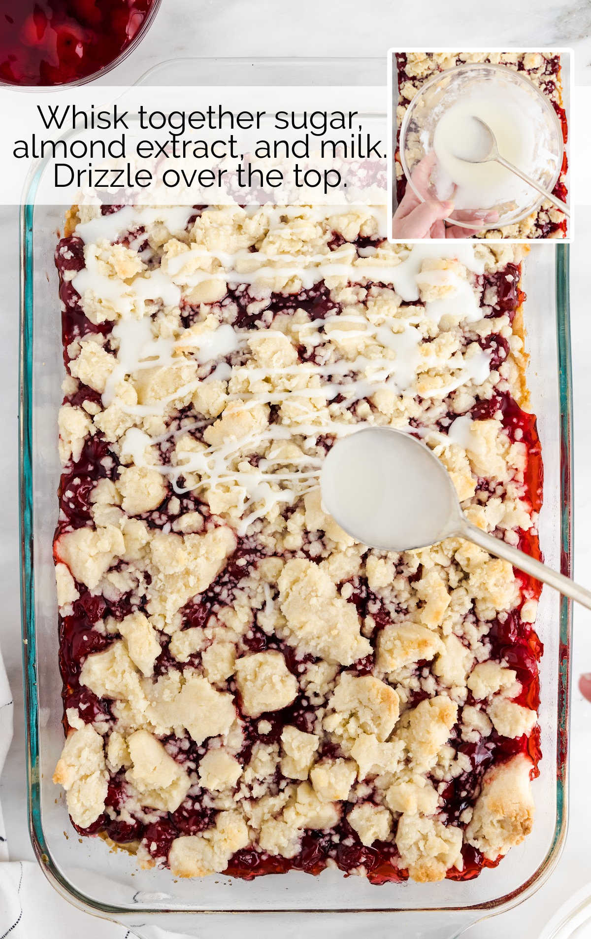 sugar, almond, and milk whisked together in a bowl then drizzled on top of the cherry pie bars