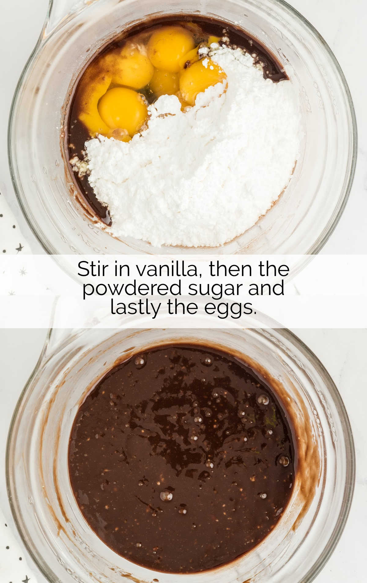 vanilla, sugar, and eggs added to the chocolate mixture in a bowl