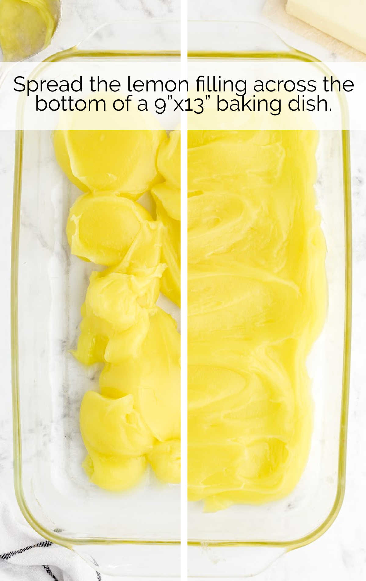 lemon filling spread on the bottom of a baking dish