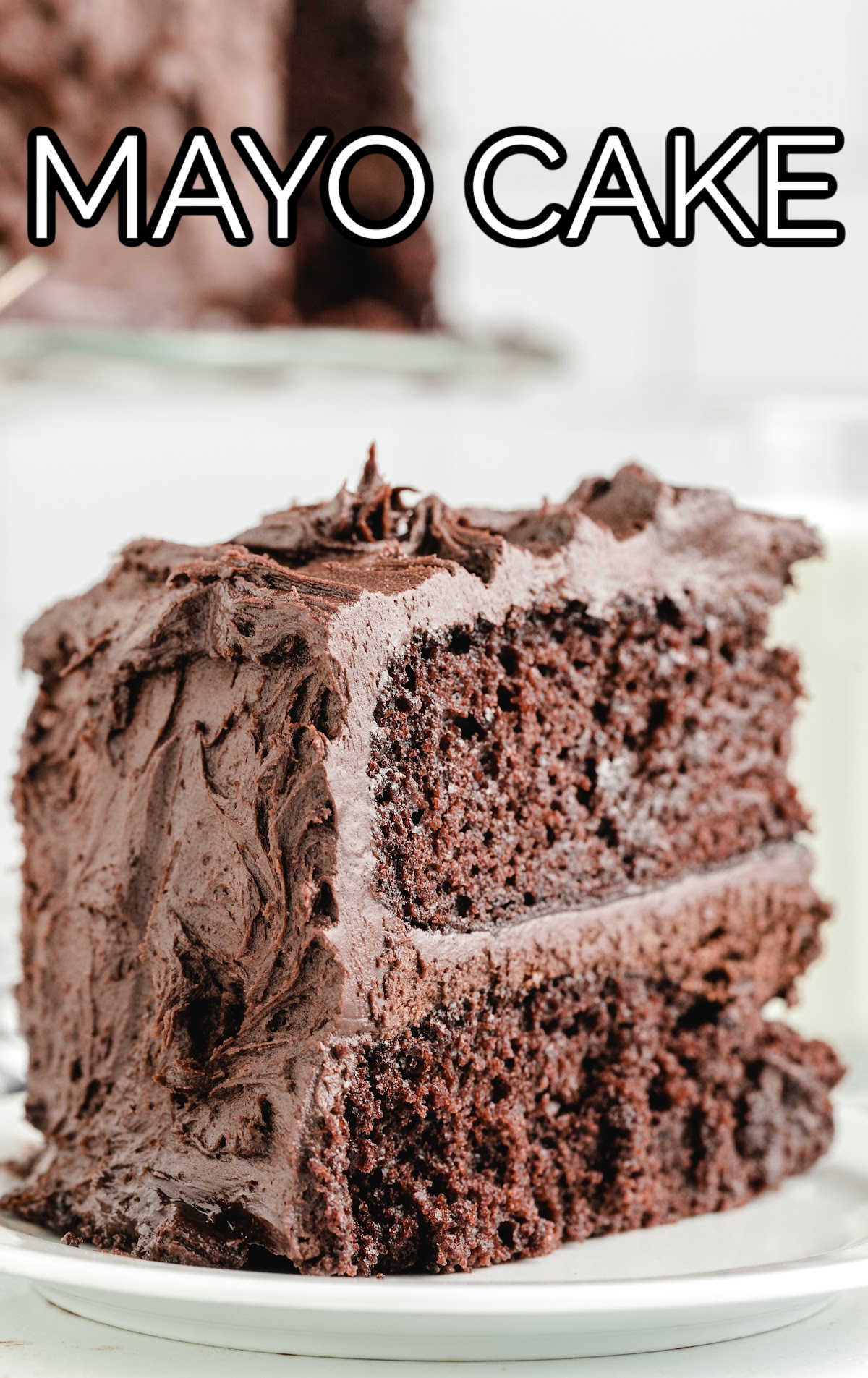 close up shot of a slice of frosted chocolate cake on a plate