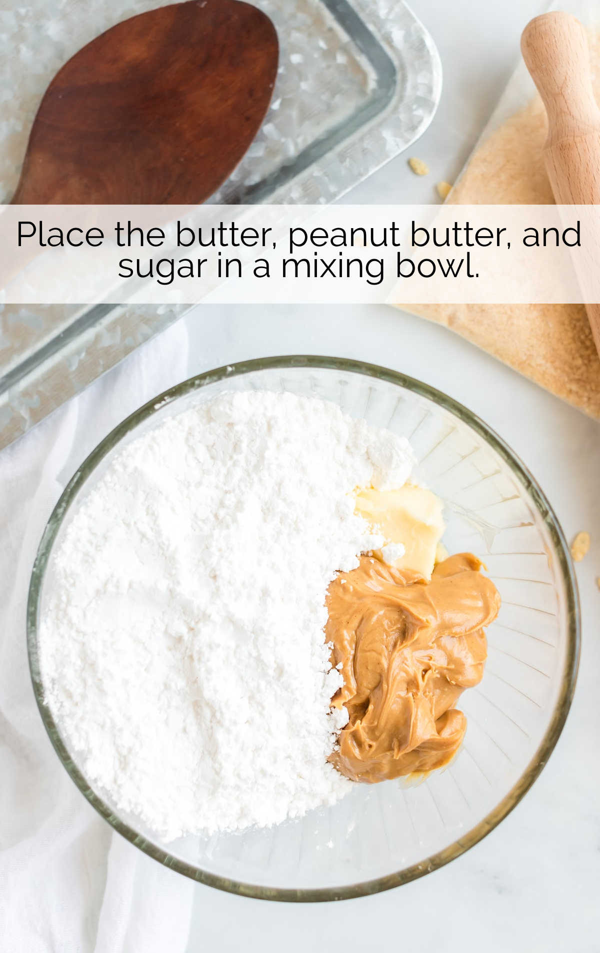 butter, sugar, and peanut butter in a bowl