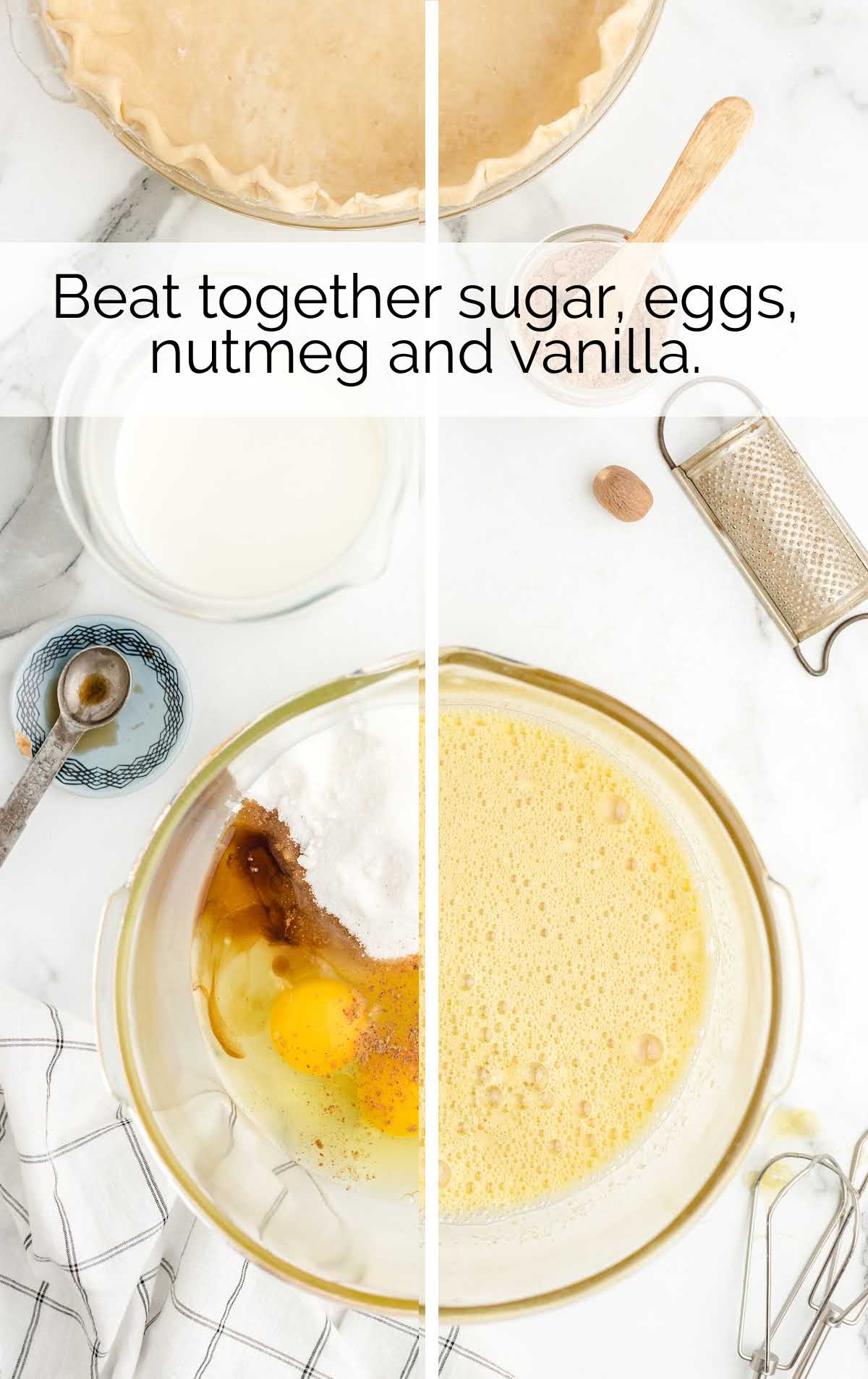 sugar, eggs, nutmeg, and vanilla combined in a bowl