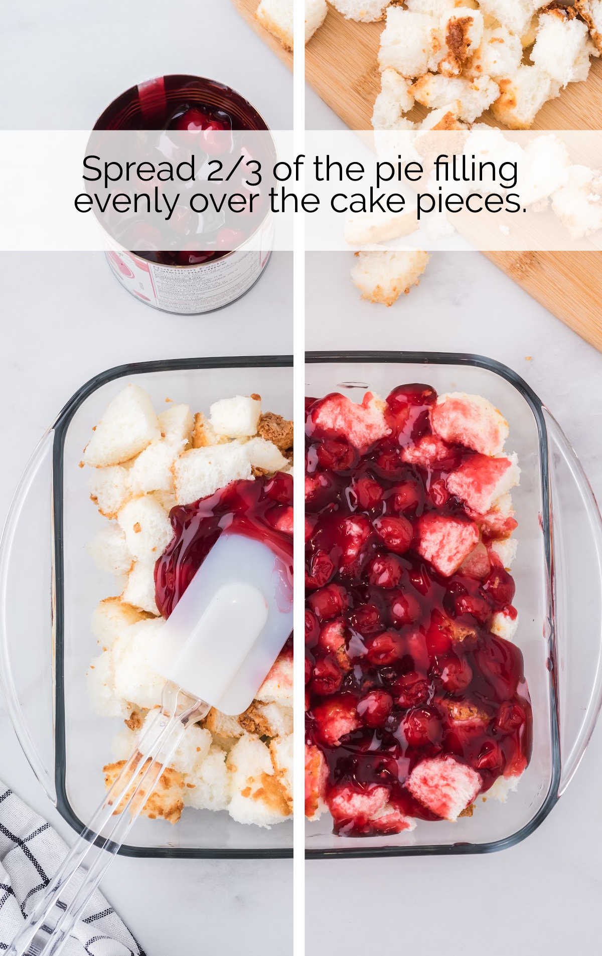 cherry pie filling spread on top of the angel food cake pieces in a baking dish
