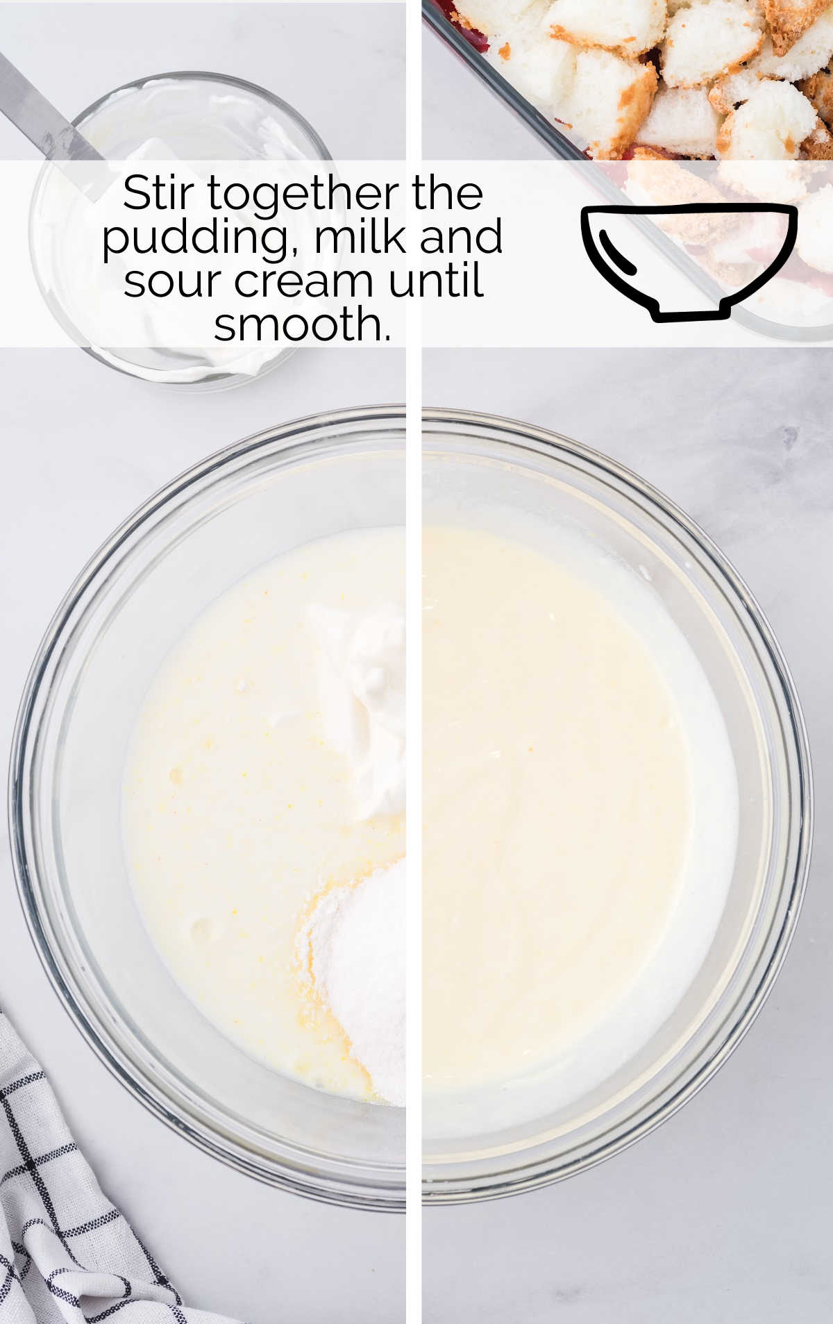 pudding, milk, and sour cream combined in a bowl