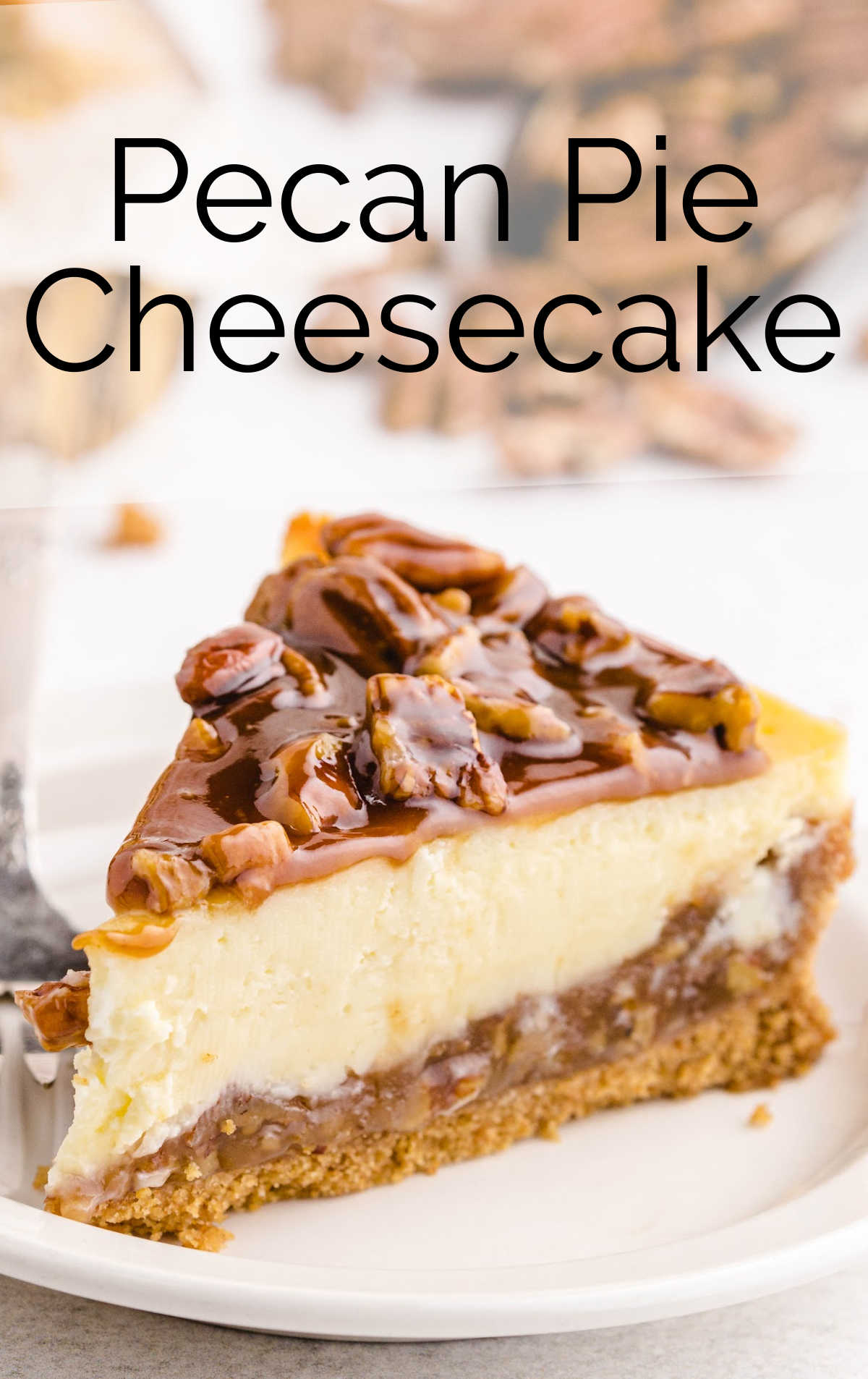 close up shot of a slice of cheesecake topped with pecans and caramel glaze on a plate