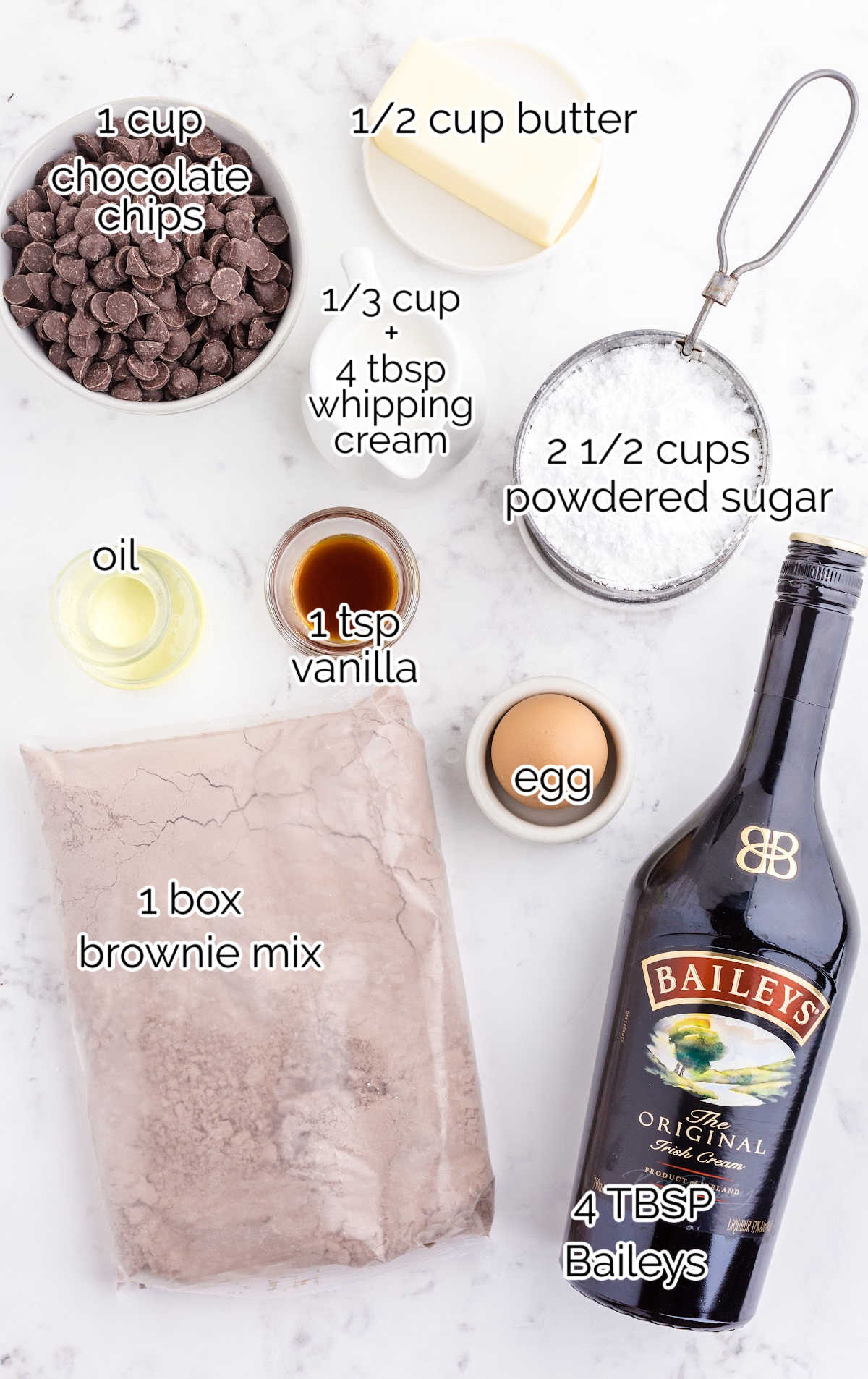 Baileys Brownies raw ingredients that are labeled