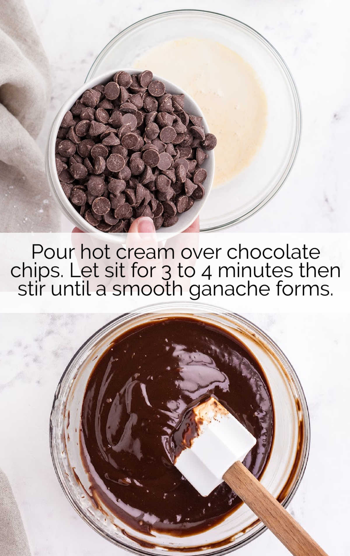 hot cream and chocolate chips combined in a bowl