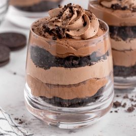 close up shot of Chocolate Cheesecake Trifle in a glass