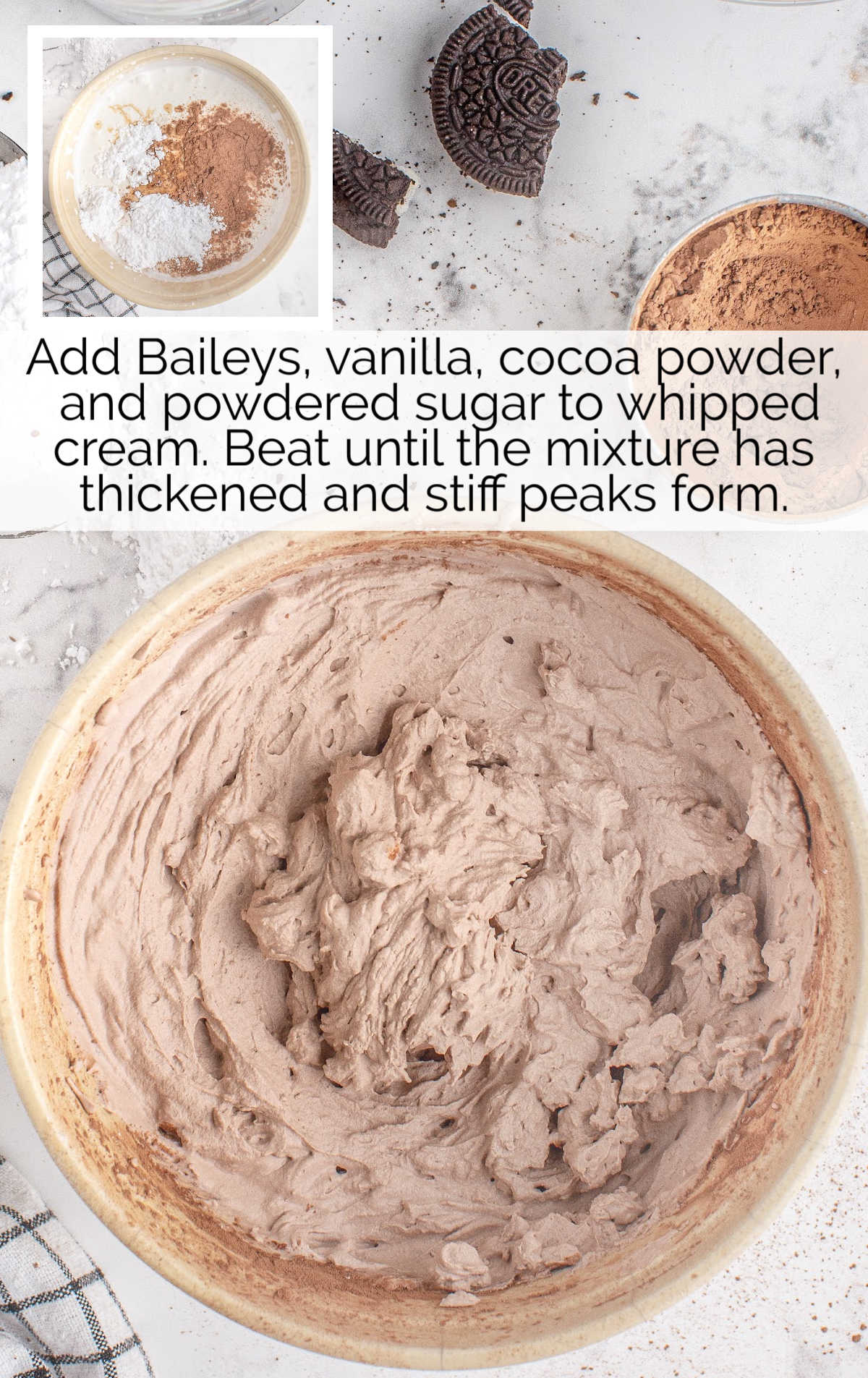 Baileys, vanilla, cocoa powder, and powdered sugar blended in a bowl