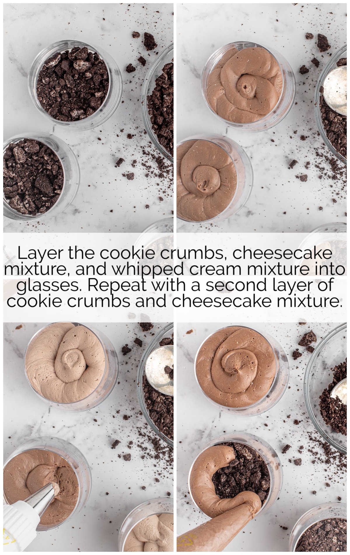 cookies crumbs, cheesecake mixture, and whipped cream mixed together in a glass