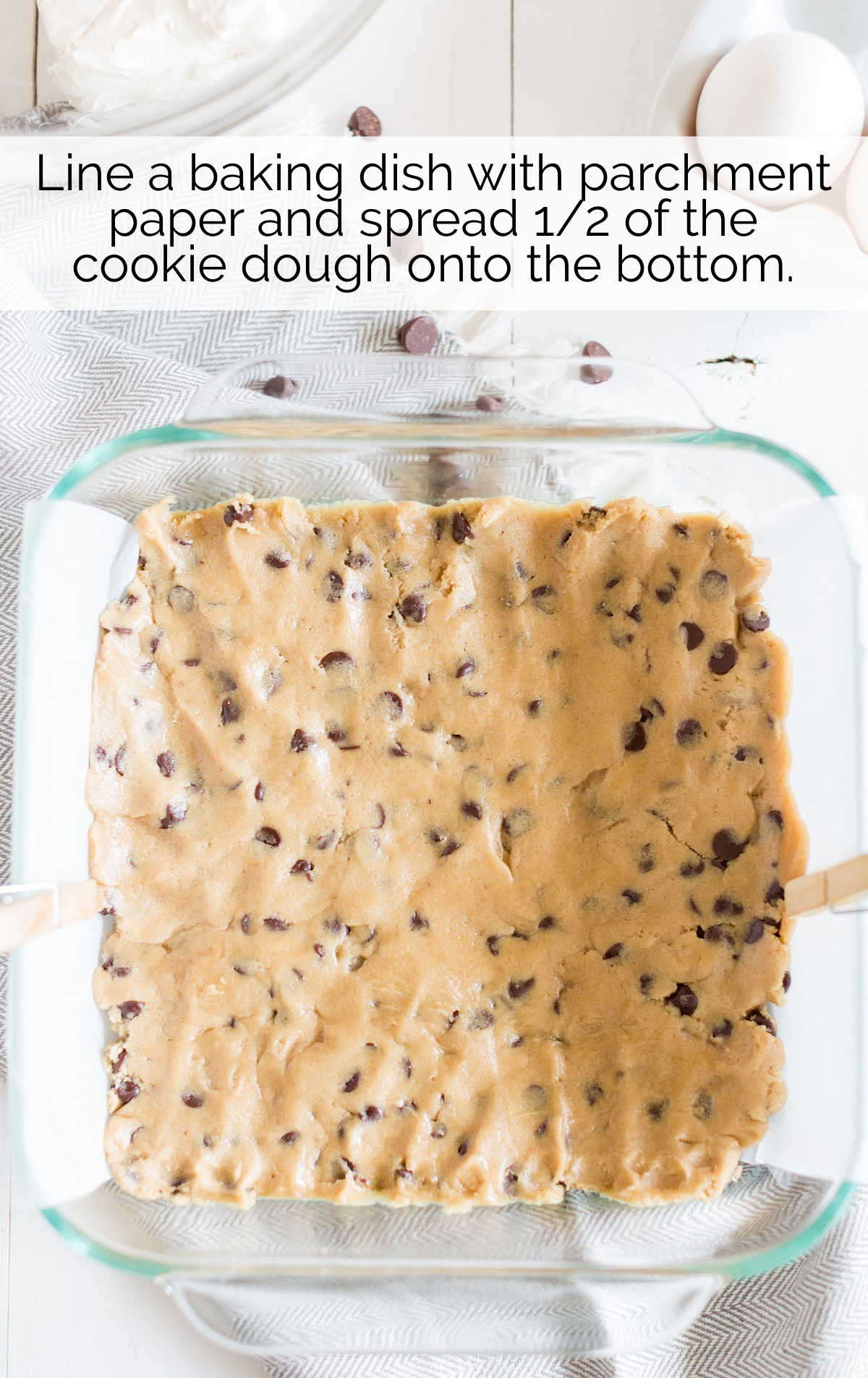 cookie dough on parchment paper and baking dish