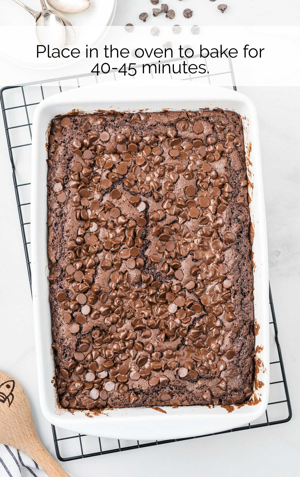 Chocolate Dump Cake in a baking dish with a cooling rack
