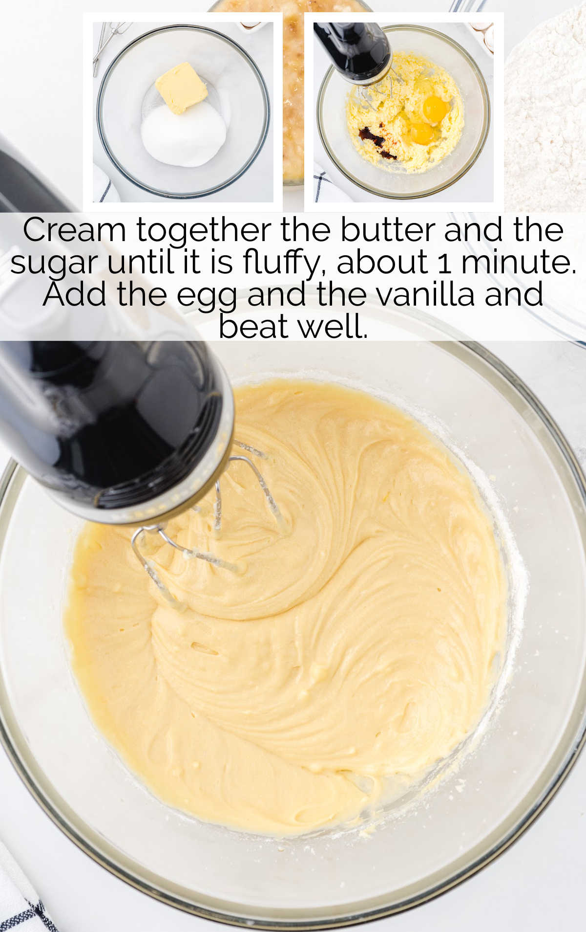 butter and sugar blended together in a bowl then egg and vanilla blended into the bowl