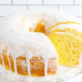 Lemon Chiffon Cake on a cake stand