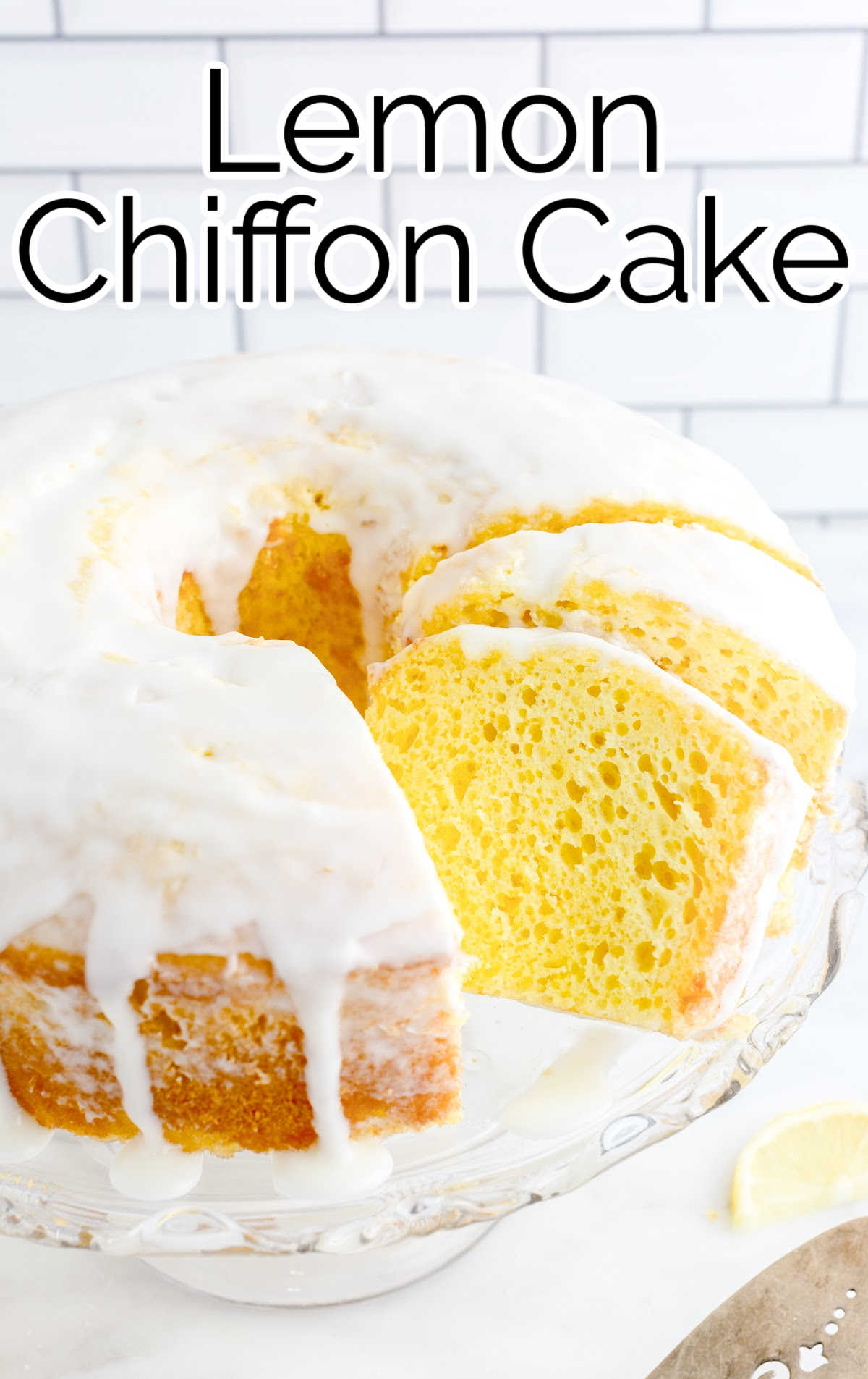 Lemon Chiffon Cake on a cake stand