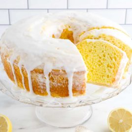 close up shot of Lemon Chiffon Cake on a cake stand