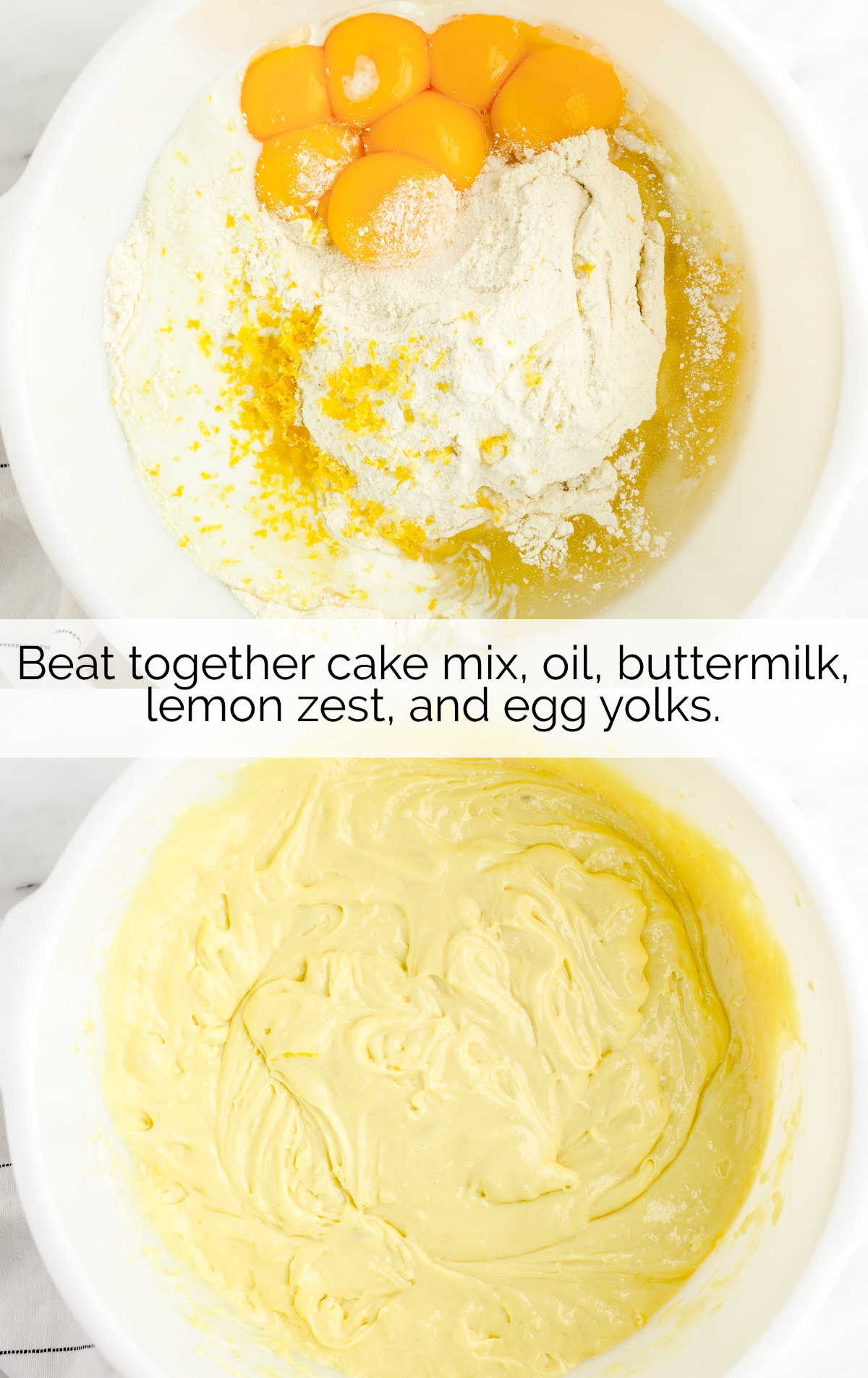cake mix, oil, buttermilk, lemon zest and egg yolk mixed together in a bowl