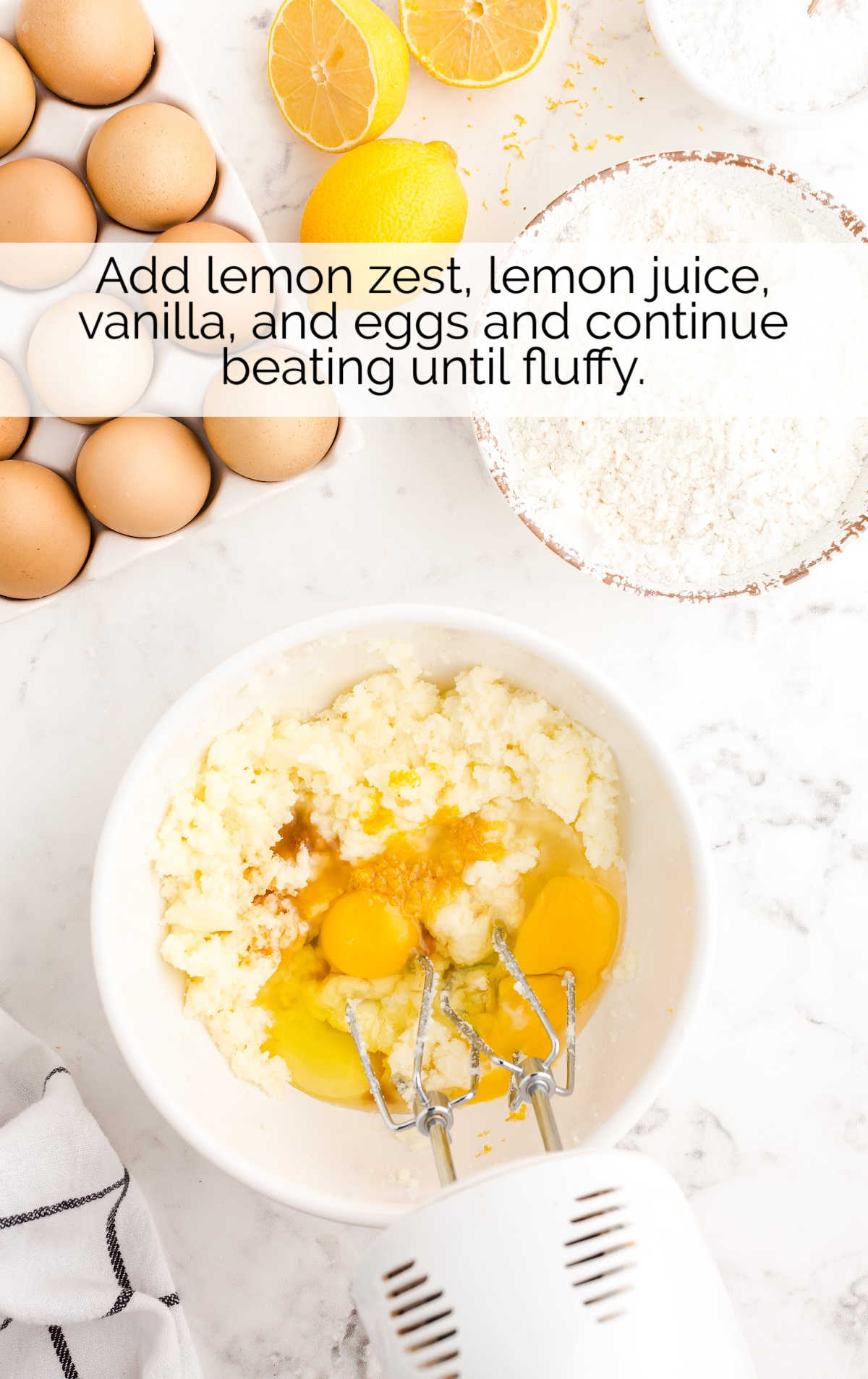 lemon zest, lemon juice, vanilla, and egg blended together in a bowl