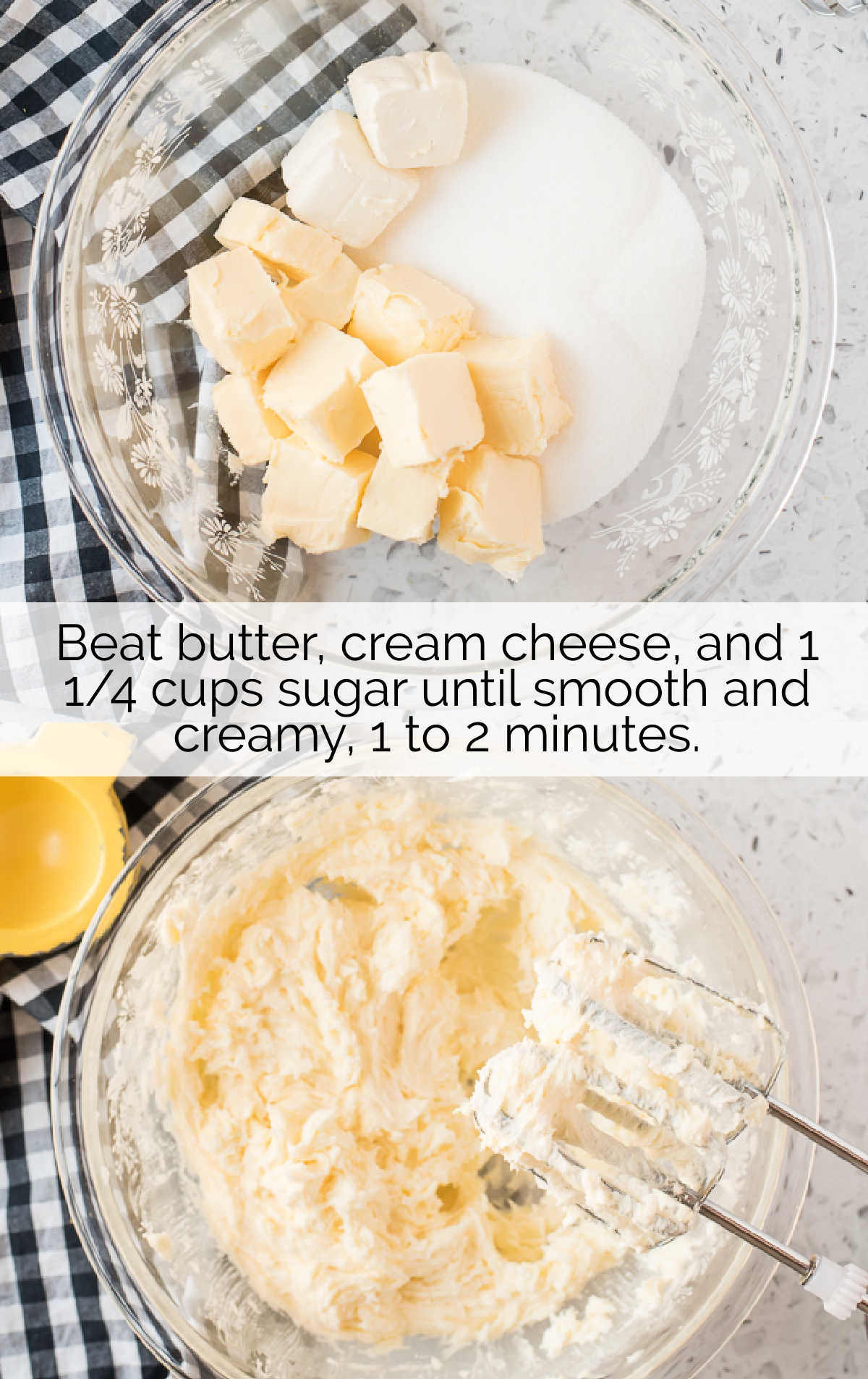 butter, cream cheese, and sugar blended together on a bowl