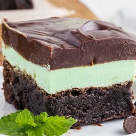 close up shot of slices of Mint Chocolate Brownies on a plate