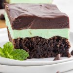 close up shot of slices of Mint Chocolate Brownies on a plate