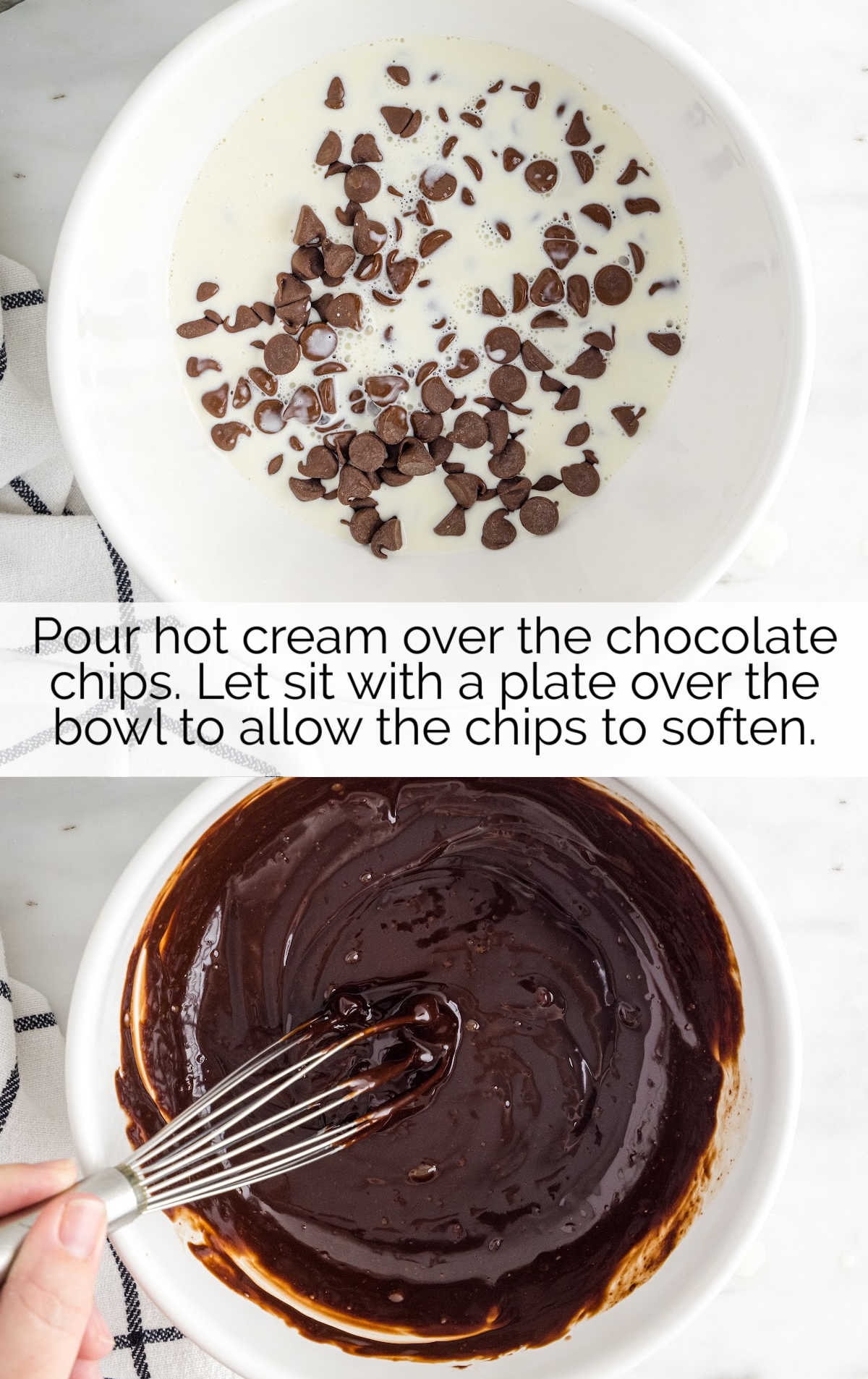 hot cream and chocolate chips whisked together in a bowl