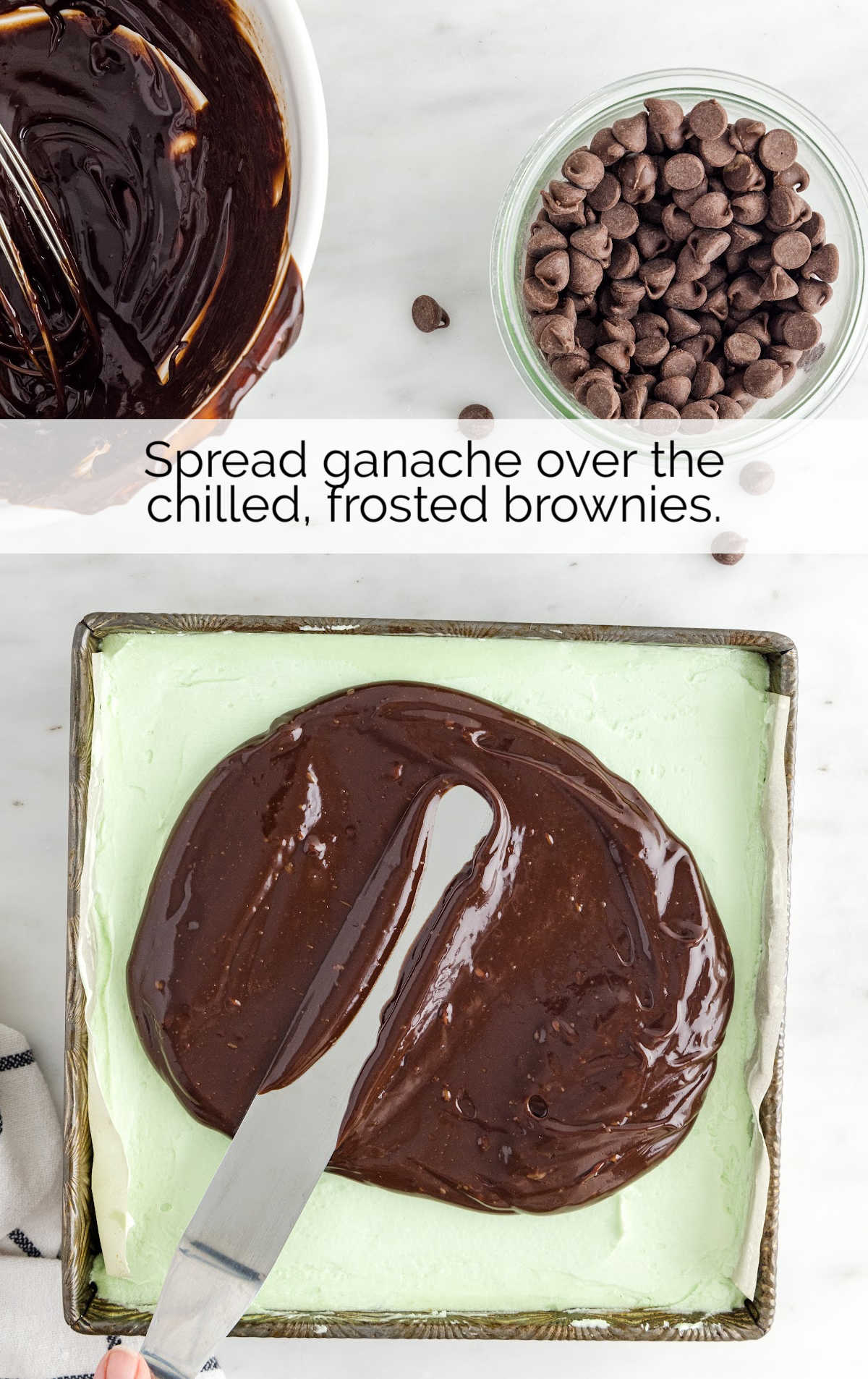 chocolate frosting spread over the frosted brownies in a baking dish