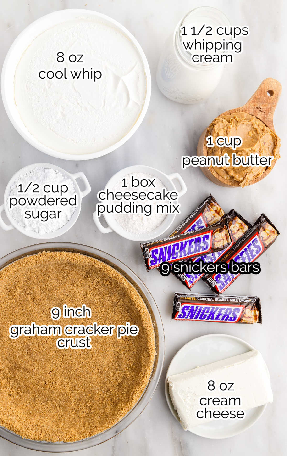 No Bake Snickers Bar Pie raw ingredients that are labeled