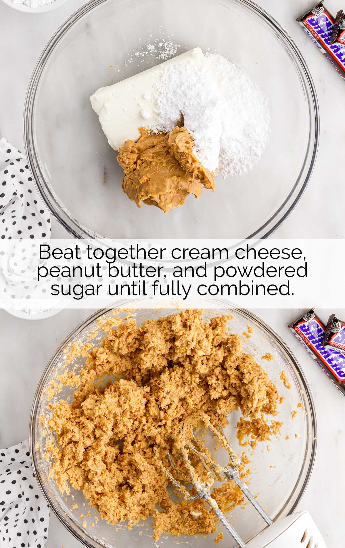 cream cheese, peanut butter, and powdered sugar blended together in a bowl