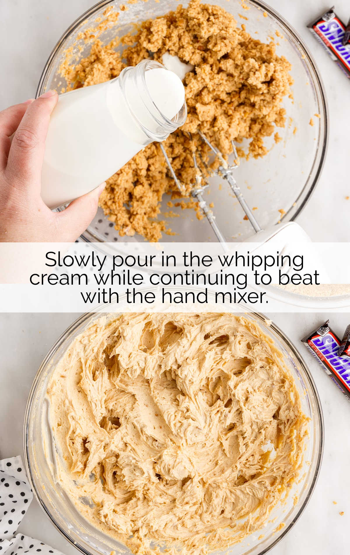 whipping cream poured on top of the pie mixture in a bowl and then mixed in a bowl