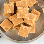 overhead shot of pieces of Old Fashioned Peanut Butter Fudge in a pan