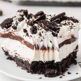 close up shot of a slice of Oreo Delight on a plate